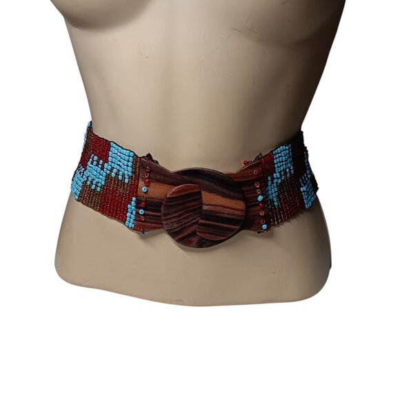 Wide Belt Stretch Blue Red Brown Beaded Boho Tribal Stretchy Wooden Buckle 28\